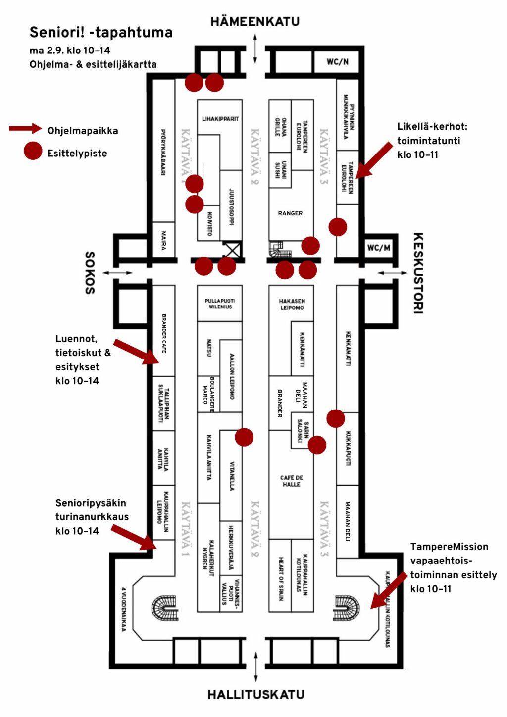 Kauppahallin karttaan on merkitty Seniori!-tapahtuman esittelijöiden ja ohjelmapaikkojen sijainnit.